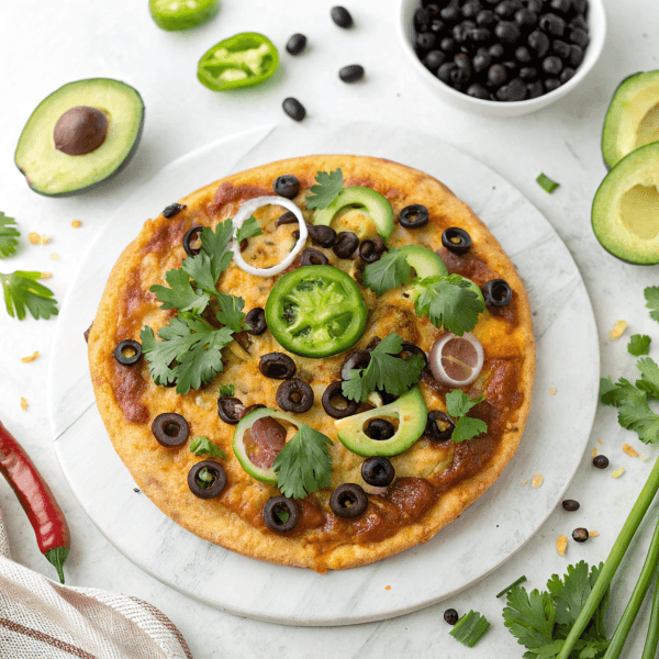 Golden Mexican pizza topped with jalapeños, onions, black olives, fresh cilantro, avocado slices and other ingredients.