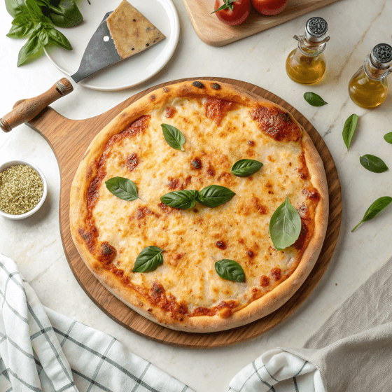 A perfectly baked three-cheese pizza with golden-brown bubbling cheese, garnished with fresh basil leaves.