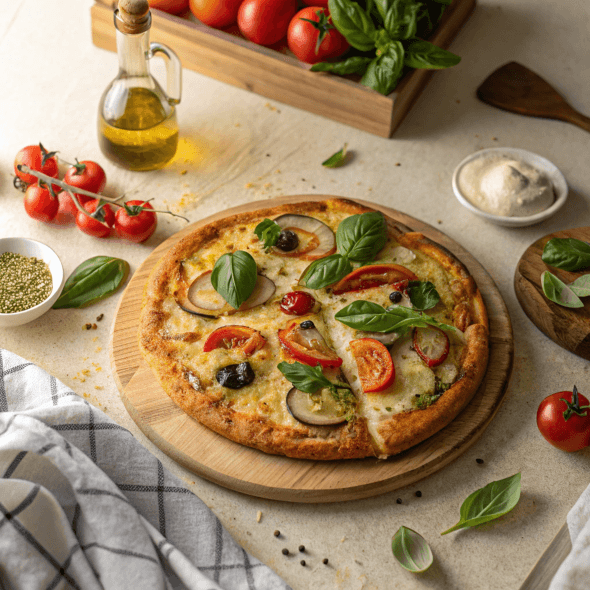 Golden-brown vegetarian pizza with vegetables and fresh basil garnish.