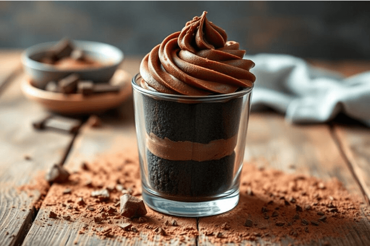 A close-up of a Chocolate Cake Shot with a sugared rim, garnished with a lemon wedge, served in a clear shot glass on a wooden table.