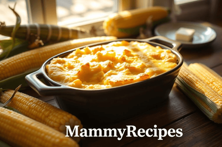 A serving of homemade corn pudding on a white plate, paired with BBQ chicken and roasted vegetables, placed on a festive dining table