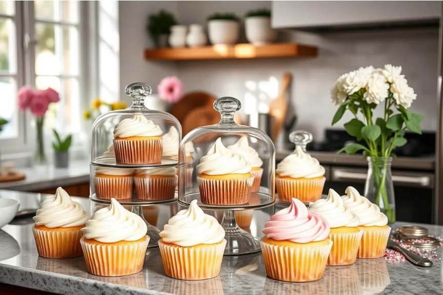 The Best Homemade Vanilla Cupcakes: Perfect Every Time 3 An airtight container filled with frosted cupcakes, carefully arranged in a single layer to preserve their decorations, with a lid placed beside it.
