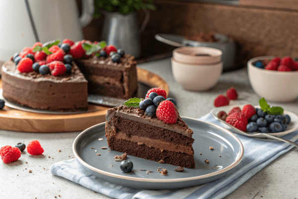 A beautifully decorated homemade chocolate cake with edible flowers and chocolate shavings