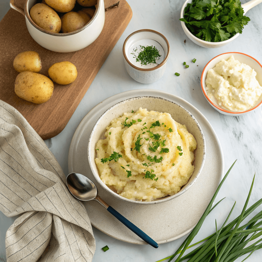 Cheesy mashed potatoes topped with shredded cheddar and fresh chives