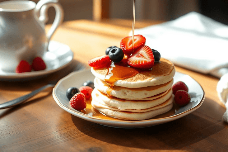 A stack of fluffy mini pancakes topped with fresh berries and drizzled with syrup, served on a white plate