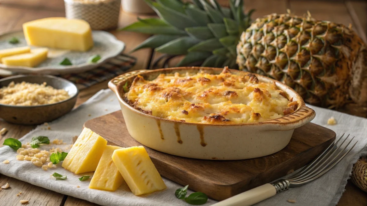 A beautifully baked pineapple casserole in a rustic dish, golden crust with melted cheese on top, surrounded by fresh pineapple slices, butter crumbs, and a hint of green herbs for garnish, warm and inviting kitchen setting with soft natural light illuminating the dish.