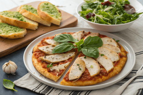 pizza chicken, including raw chicken , marinara sauce, shredded mozzarella, fresh basil, and pepperoni slices on a wooden board.