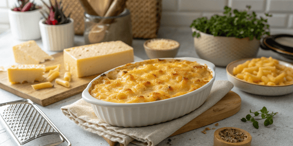 Golden baked three cheese macaroni and cheese