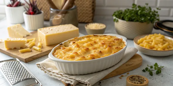 Golden baked three cheese macaroni and cheese