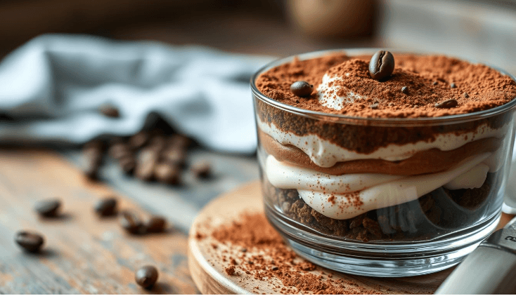 Classic Italian Tiramisu dessert with layers of mascarpone, espresso-soaked ladyfingers, and cocoa powder on top.