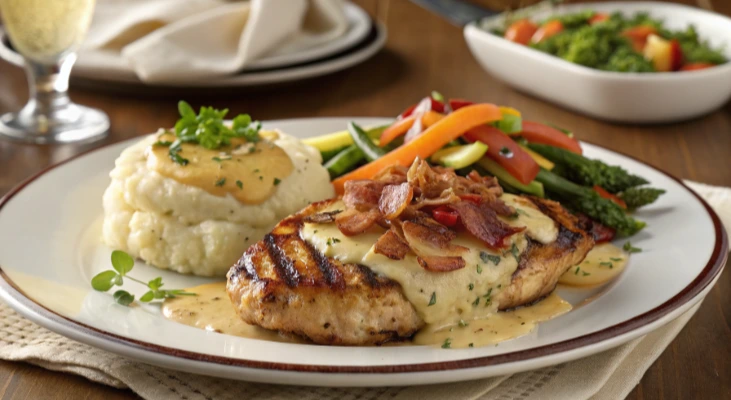 Alice Springs Chicken topped with melted cheese, crispy bacon, and sautéed mushrooms.