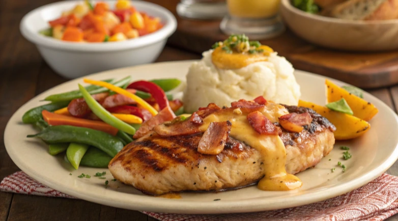Alice Springs Chicken topped with melted cheese, crispy bacon, and sautéed mushrooms.
