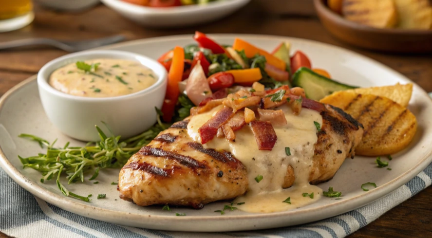 Alice Springs Chicken topped with melted cheese, crispy bacon, and sautéed mushrooms.