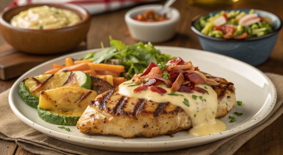 Alice Springs Chicken topped with melted cheese, crispy bacon, and sautéed mushrooms.