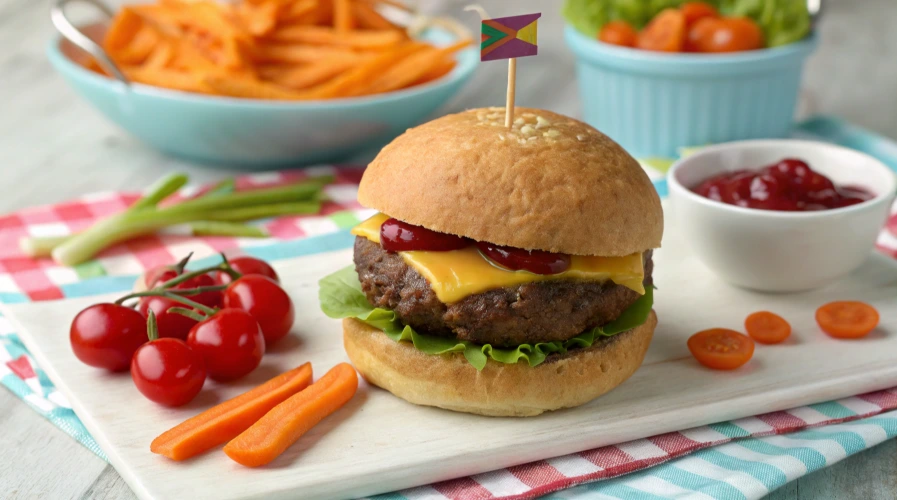 baby hamburger recipe A close-up 3D render of a baby hamburger slider featuring a toasted brioche bun, a juicy mini beef patty topped with melted cheddar cheese, fresh green lettuce, and a slice of ripe tomato. The burger is garnished with a dollop of creamy mayo and ketchup. It sits on a rustic wooden board, surrounded by other mini sliders, fresh greens, and small dipping sauce bowls, with warm lighting emphasizing the textures and vibrant colors