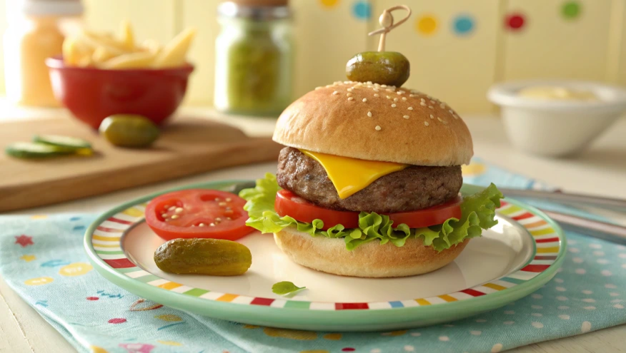 A close-up 3D render of a baby hamburger slider featuring a toasted brioche bun, a juicy mini beef patty topped with melted cheddar cheese, fresh green lettuce, and a slice of ripe tomato. The burger is garnished with a dollop of creamy mayo and ketchup. It sits on a rustic wooden board, surrounded by other mini sliders, fresh greens, and small dipping sauce bowls, with warm lighting emphasizing the textures and vibrant colors