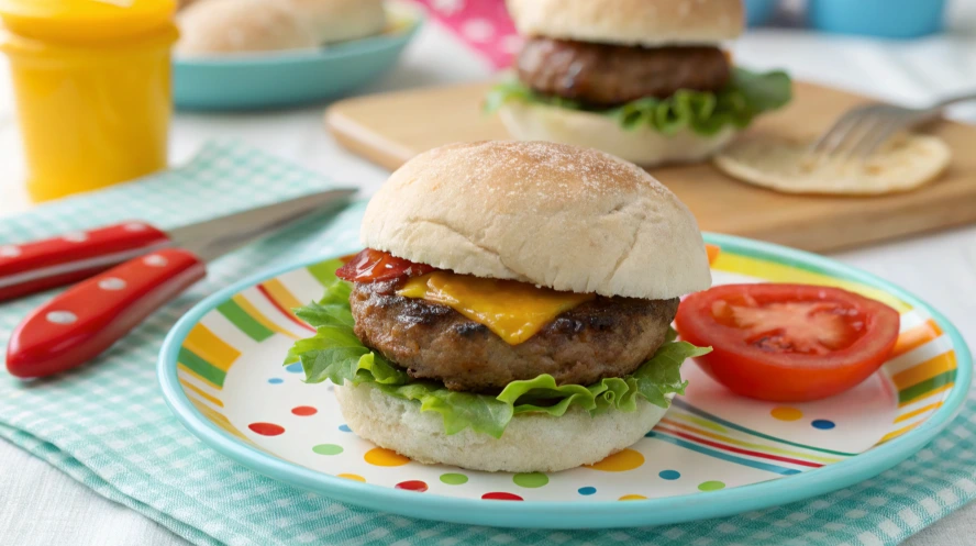 baby hamburger A close-up 3D render of a baby hamburger slider featuring a toasted brioche bun, a juicy mini beef patty topped with melted cheddar cheese, fresh green lettuce, and a slice of ripe tomato. The burger is garnished with a dollop of creamy mayo and ketchup. It sits on a rustic wooden board, surrounded by other mini sliders, fresh greens, and small dipping sauce bowls, with warm lighting emphasizing the textures and vibrant colors