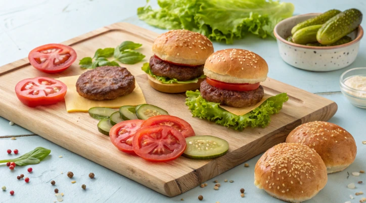 baby hamburger ingredients A close-up 3D render of a baby hamburger slider featuring a toasted brioche bun, a juicy mini beef patty topped with melted cheddar cheese, fresh green lettuce, and a slice of ripe tomato. The burger is garnished with a dollop of creamy mayo and ketchup. It sits on a rustic wooden board, surrounded by other mini sliders, fresh greens, and small dipping sauce bowls, with warm lighting emphasizing the textures and vibrant colors