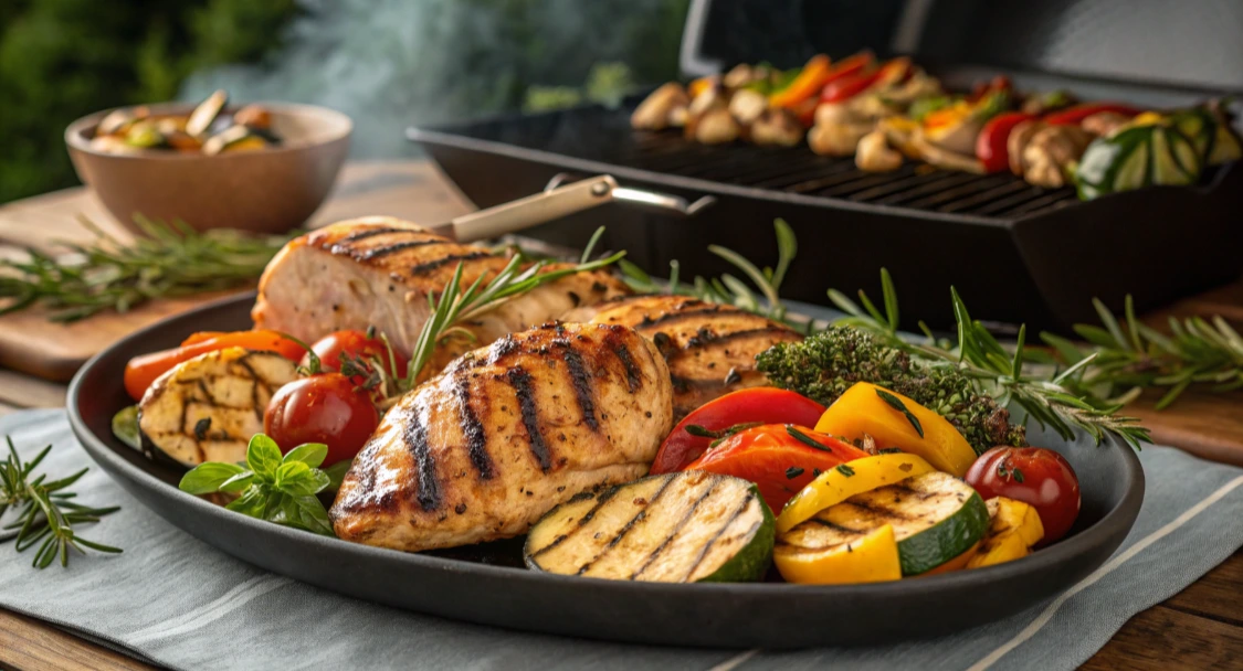 Ultra-realistic image of a hot Blackstone griddle sizzling with marinated chicken breasts, vibrant bell peppers, onions, and fresh herbs, accented by glistening oil droplets and a smoky background, capturing the essence of outdoor cooking.