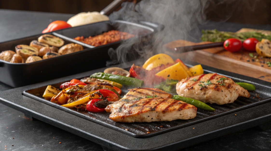 Ultra-realistic image of a hot Blackstone griddle sizzling with marinated chicken breasts, vibrant bell peppers, onions, and fresh herbs, accented by glistening oil droplets and a smoky background, capturing the essence of outdoor cooking.