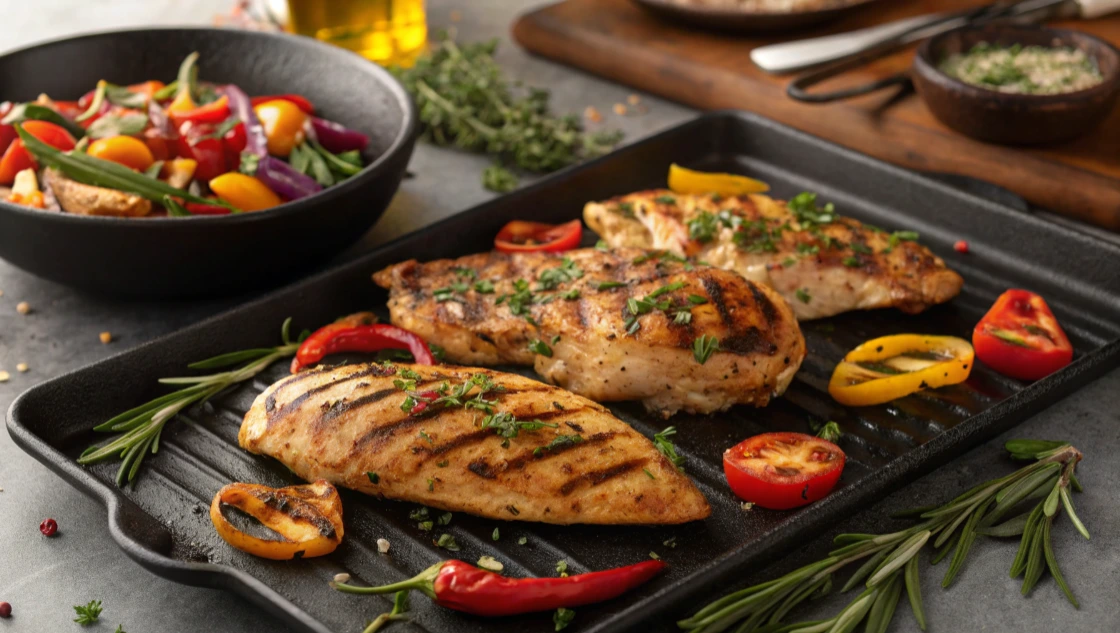 Ultra-realistic image of a hot Blackstone griddle sizzling with marinated chicken breasts, vibrant bell peppers, onions, and fresh herbs, accented by glistening oil droplets and a smoky background, capturing the essence of outdoor cooking.
