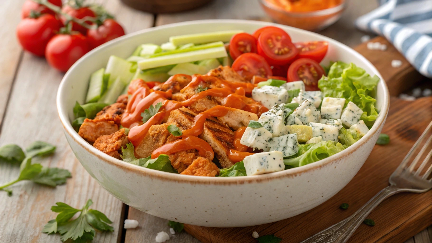 A bowl of Buffalo Chicken Salad with spicy chicken chunks, lettuce, celery, and ranch dressing.