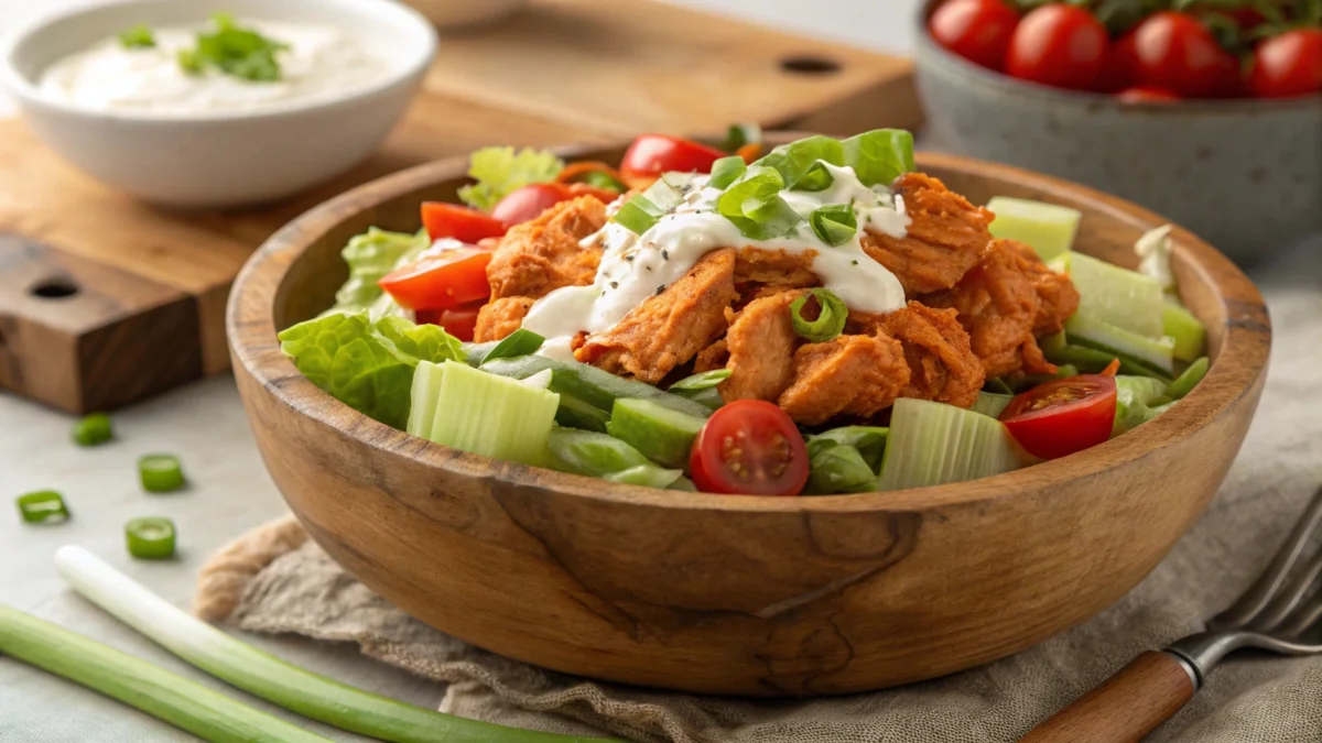 A bowl of Buffalo Chicken Salad with spicy chicken chunks, lettuce, celery, and ranch dressing.