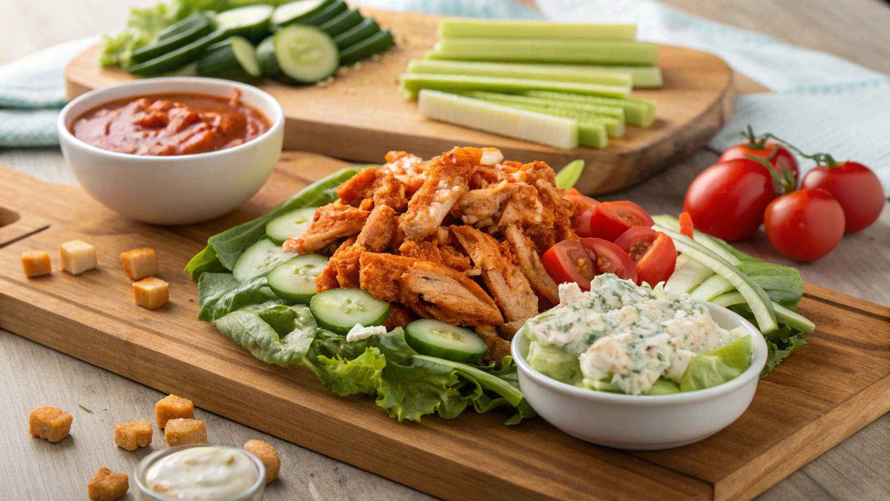 A bowl of Buffalo Chicken Salad with spicy chicken chunks, lettuce, celery, and ranch dressing.