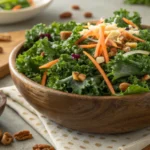 A white bowl filled with Chick-fil-A’s kale salad, showing crisp green kale, shredded carrots, crunchy almonds, and a light dressing.