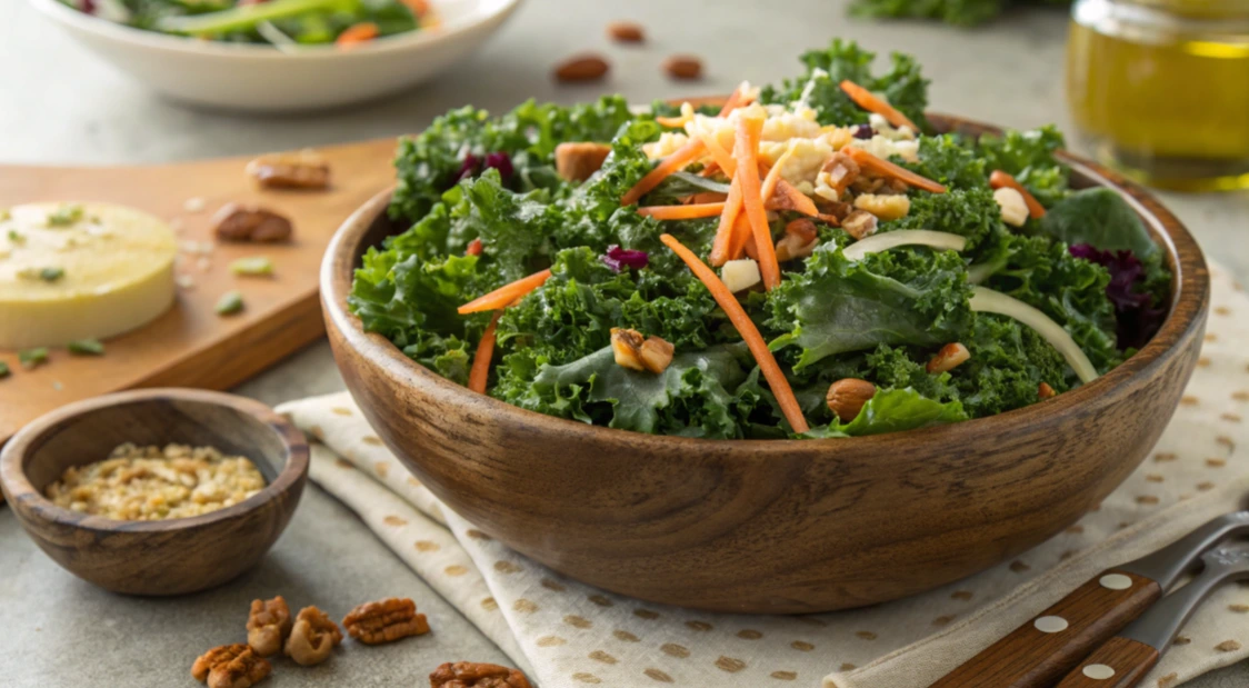 How to Make the Chick fil A Kale Salad Recipe 1 A white bowl filled with Chick-fil-A’s kale salad, showing crisp green kale, shredded carrots, crunchy almonds, and a light dressing.