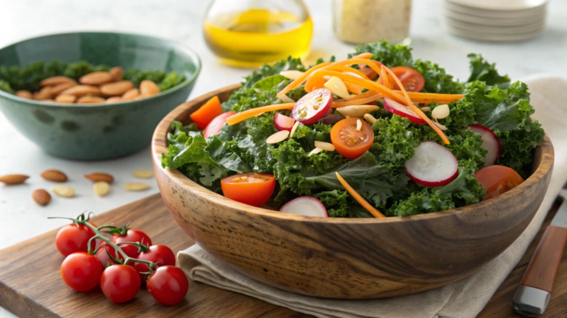 A white bowl filled with Chick-fil-A’s kale salad, showing crisp green kale, shredded carrots, crunchy almonds, and a light dressing.