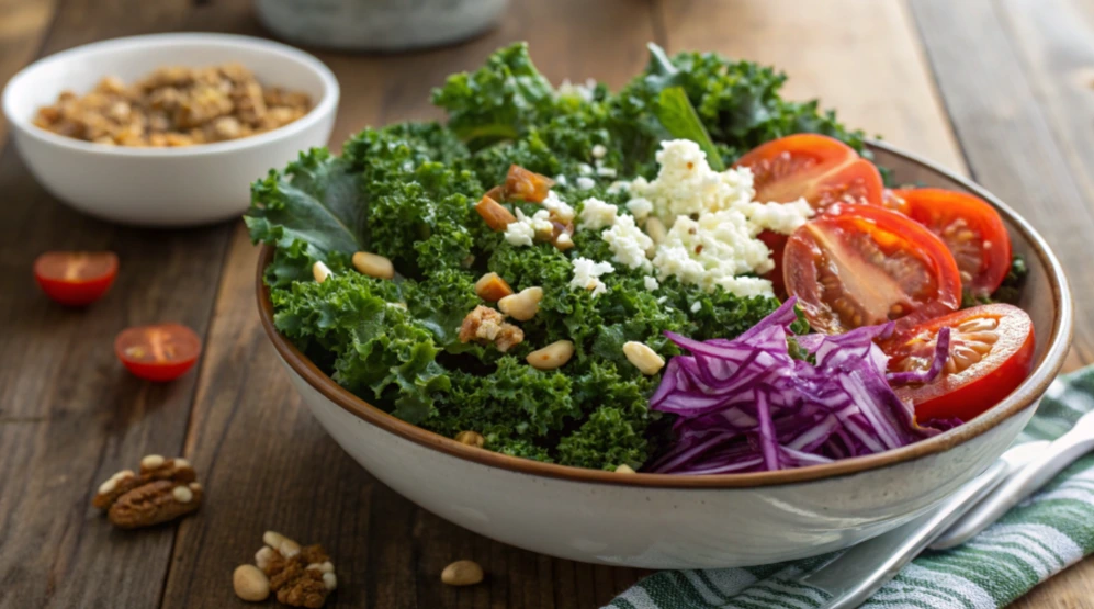 A white bowl filled with Chick-fil-A’s kale salad, showing crisp green kale, shredded carrots, crunchy almonds, and a light dressing.