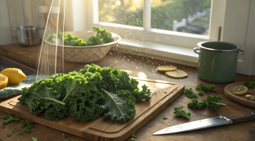 A white bowl filled with Chick-fil-A’s kale salad, showing crisp green kale, shredded carrots, crunchy almonds, and a light dressing.