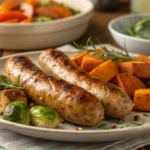 A close-up of homemade chicken apple sausage seasoned with herbs and spices, served alongside sliced apples and fresh greens.