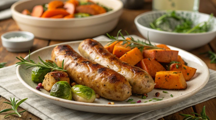 A close-up of homemade chicken apple sausage seasoned with herbs and spices, served alongside sliced apples and fresh greens.