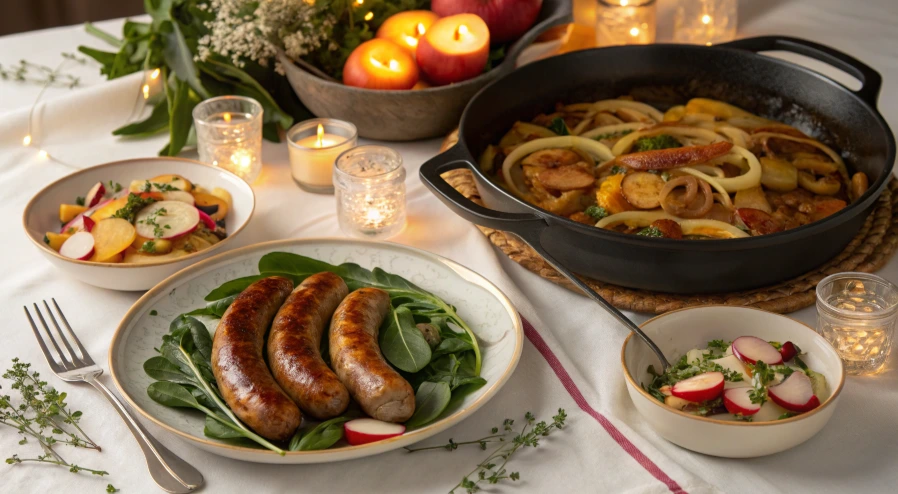 A close-up of homemade chicken apple sausage seasoned with herbs and spices, served alongside sliced apples and fresh greens.