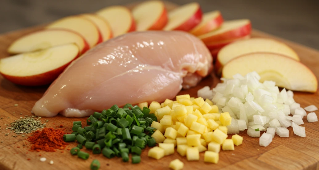 A close-up of homemade chicken apple sausage seasoned with herbs and spices, served alongside sliced apples and fresh greens.