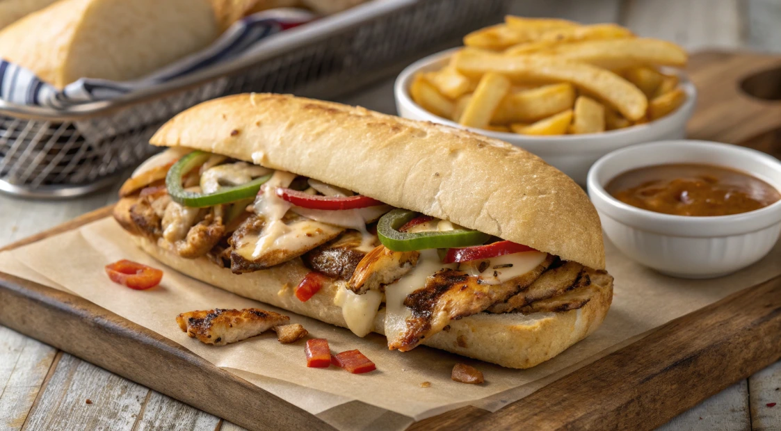 "Close-up of a chicken cheesesteak sandwich with tender chicken slices, sautéed peppers and onions, melted cheese, and a toasted hoagie roll, garnished with fresh herbs."