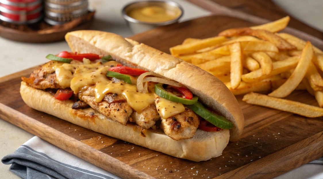"Close-up of a chicken cheesesteak sandwich with tender chicken slices, sautéed peppers and onions, melted cheese, and a toasted hoagie roll, garnished with fresh herbs."