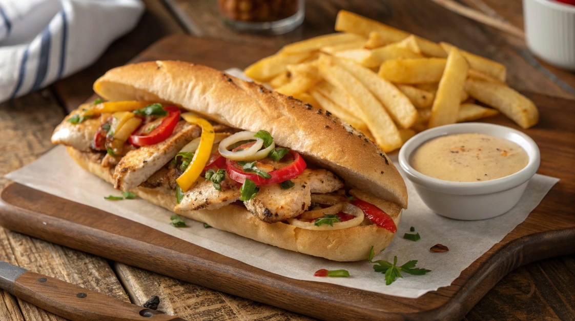 "Close-up of a chicken cheesesteak sandwich with tender chicken slices, sautéed peppers and onions, melted cheese, and a toasted hoagie roll, garnished with fresh herbs."