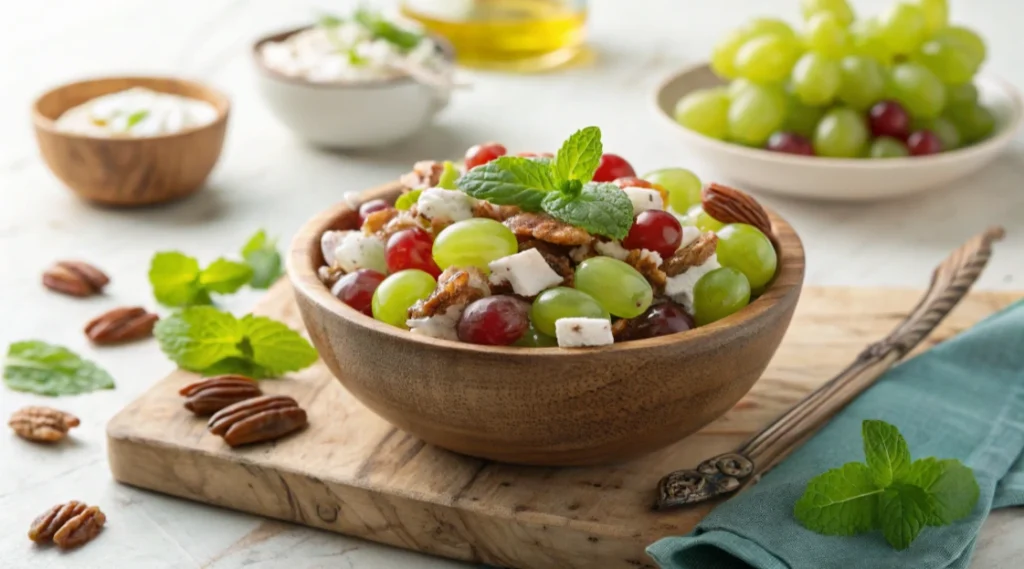 grape salad with pecans A rustic wooden bowl filled with a vibrant grape salad, featuring a mix of green and red grapes, crunchy pecans, creamy feta cheese, and a garnish of fresh mint leaves. The bowl is placed on a wooden serving board, surrounded by scattered pecans, fresh mint leaves, and a teal napkin with a decorative fork. A plate of grapes and a small bowl of creamy dressing are softly blurred in the background, creating a fresh and inviting scene.