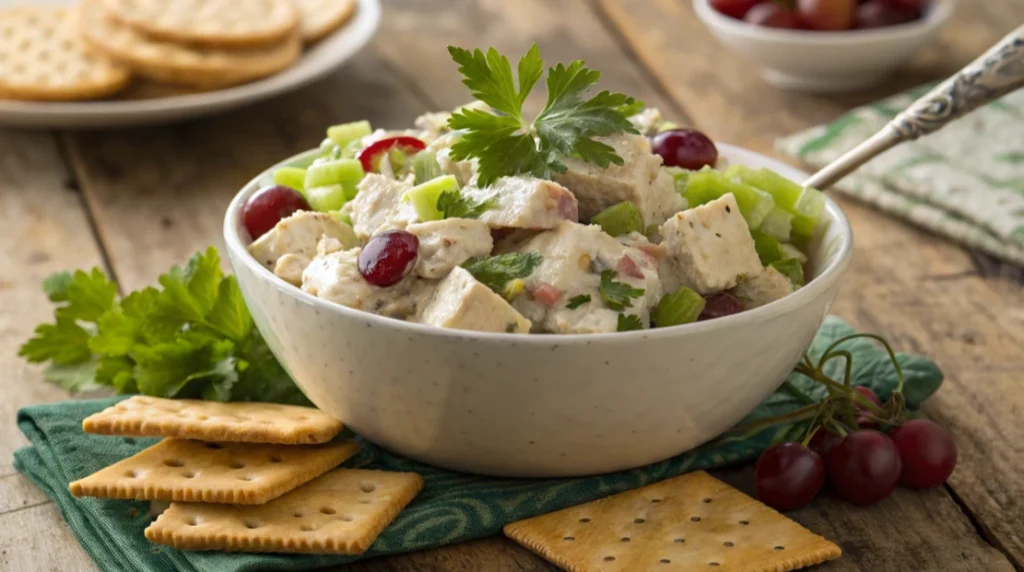 easy chicken salad recipe A rustic wooden bowl filled with a vibrant grape salad, featuring a mix of green and red grapes, crunchy pecans, creamy feta cheese, and a garnish of fresh mint leaves. The bowl is placed on a wooden serving board, surrounded by scattered pecans, fresh mint leaves, and a teal napkin with a decorative fork. A plate of grapes and a small bowl of creamy dressing are softly blurred in the background, creating a fresh and inviting scene.