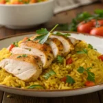 A white plate topped with tender pieces of chicken and yellow rice, garnished with fresh green herbs.