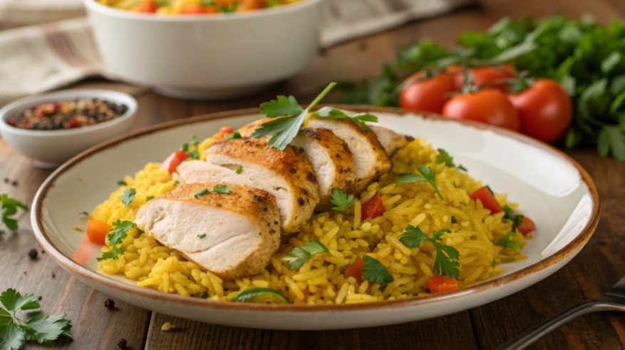 A white plate topped with tender pieces of chicken and yellow rice, garnished with fresh green herbs.