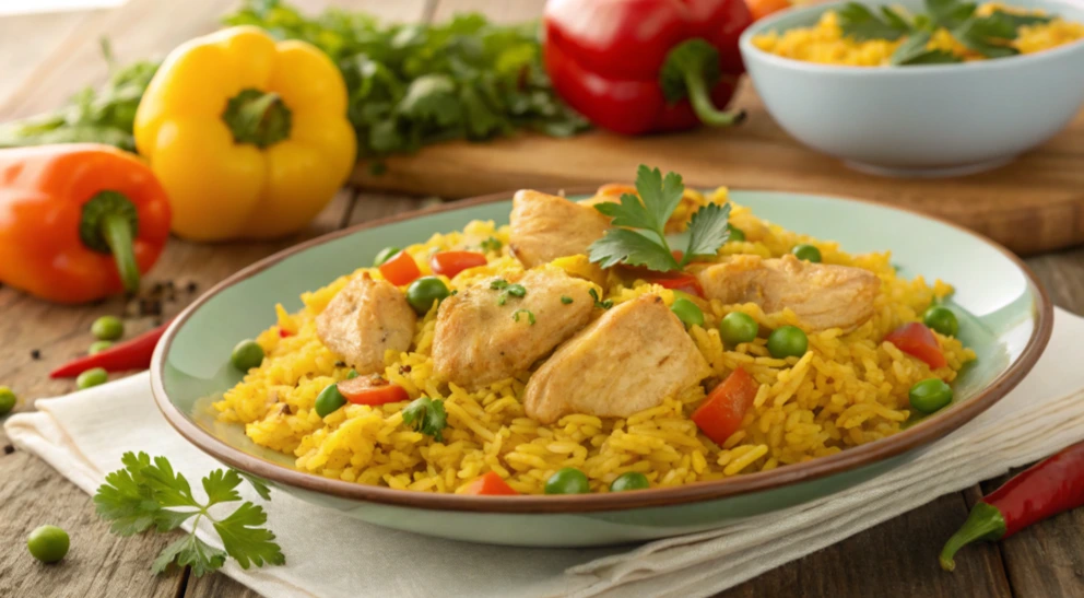 chicken and yellow rice dish A white plate topped with tender pieces of chicken and yellow rice, garnished with fresh green herbs.
