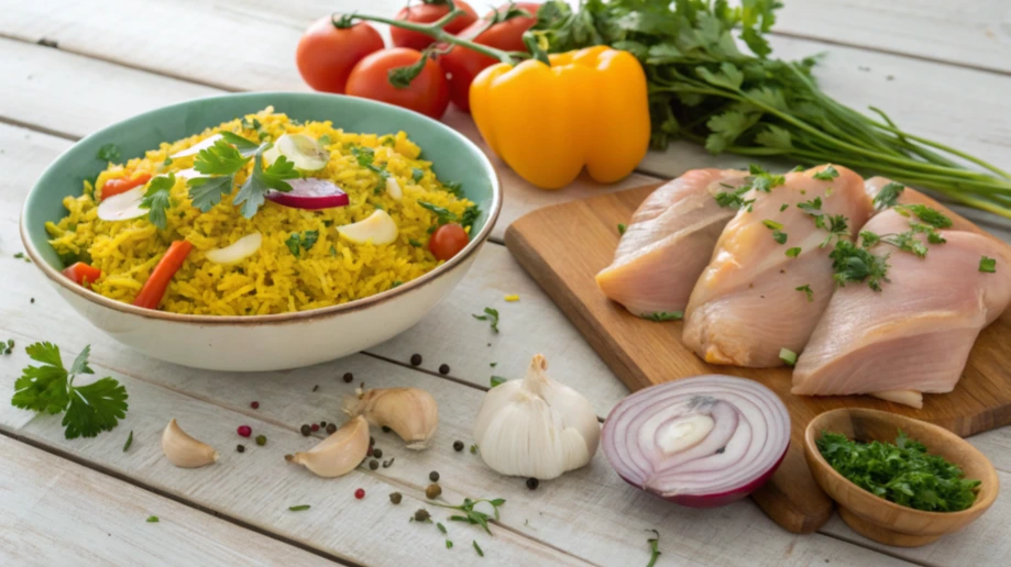 chicken and yellow rice ingredients A white plate topped with tender pieces of chicken and yellow rice, garnished with fresh green herbs.