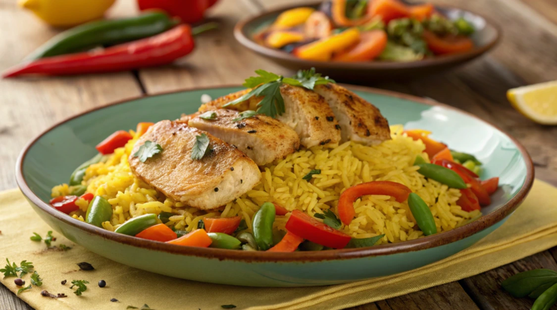 chicken and yellow rice recipe A white plate topped with tender pieces of chicken and yellow rice, garnished with fresh green herbs.