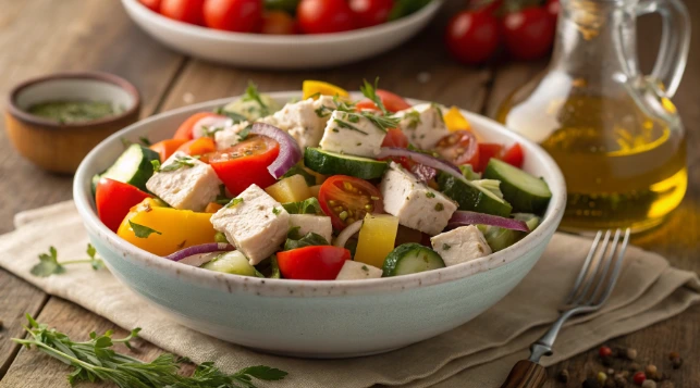 Ultra realistic close-up of a vibrant diced chicken salad, featuring fresh vegetables like cherry tomatoes, cucumbers, and bell peppers, garnished with herbs and a drizzle of olive oil, set on a rustic wooden table.