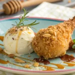 A novelty dessert resembling a fried chicken ice cream coated in crunchy cereal crumbs, served on a plate.