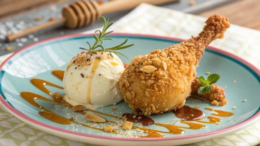 A novelty dessert resembling a fried chicken ice cream coated in crunchy cereal crumbs, served on a plate.